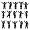 Stick figure happiness, hands up, motion woman set. Vector illustration of celebration poses black and white pictogram.