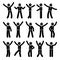 Stick figure happiness, winner, motion businessman set. Vector illustration of celebration poses black and white pictogram.