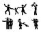 Stick figure happy family having fun icon set. Parents and children playing together pictogram.