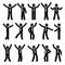 Stick figure happy, funny, motion businessman set. Vector illustration of celebration poses black and white pictogram.