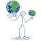 Stick figure juggles with two world globes