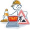 Stick figure with laptop a street cap and construction sign with start