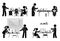 Stick figure male and female chemist making scientific research in chemistry laboratory class room vector icon pictogram