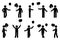 Stick figure man with balloon birthday celebration vector icon people pictogram. Happy standing male party design elements