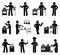 Stick figure man cooking at home kitchen vector illustration set. Stickman person preparing meal icon pictogram