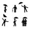 Stick figure man and couple with umbrella icon set. Male under the rain in different positions.