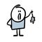 Stick figure man with a disgruntled face caught and holds a gray mouse by the tail.