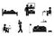 Stick figure man everyday life activities vector icon. Sleep, brush, eat, sit at desk, work, study, lay on sofa, music, laptop