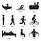 Stick figure man flying, swimming, reading, standing, walking, going, running, riding, sleeping, sitting, writing vector set