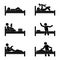 Stick figure man lying in bed, reading book, drinking coffee, playing with kid, stretching, making bed vector pictogram set