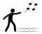 Stick figure, man throws a life buoy into the sea from the shore. Assisting drowning people. Dangers of relaxing on the water.