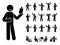 Stick figure man vector icon set. Reading, talking, happy, sad, surprised, amazed, angry, sitting at office stickman