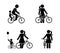 Stick figure man and woman bicycle icon. Riding bike happy people.