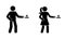 Stick figure man and woman with burning frying pan with fire vector set. Stickman person cooking meal icon pictogram
