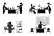 Stick figure man and woman chemist making scientific research in chemistry laboratory class vector icon pictogram set