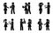 Stick figure man and woman giving presents vector set. People at holidays receiving gift box stickman icon pictogram