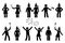 Stick figure man and woman with salute, fireworks birthday celebration vector icon people pictogram