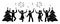 Stick figure men and women at New Year party icon. Happy human dancing near tree pictogram.