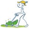 Stick figure mowing the lawn with the mower cutting grass