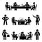 Stick figure office male, female business meeting vector icon. Team coworkers talking, negotiating, discussing, working, sitting