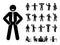 Stick figure office man standing vector icon set. Happy sad surprised amazed angry face. Sitting meeting talking pointing stickman