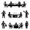 Stick figure office man, woman at business meeting vector icon. Team employees talking, negotiating, discussing, working, sitting