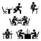 Stick figure office poses set. Business finance workplace support. Working, sitting, talking, meeting, discussing pictogram.