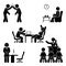 Stick figure office poses set. Business finance workplace support. Working, sitting, talking, meeting, training, discussing.