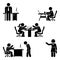 Stick figure office poses set. Business finance workplace support. Working, sitting, talking, meeting, training, discussing.