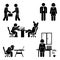 Stick figure office poses set. Business finance workplace support. Working, sitting, talking, meeting, training pictogram.