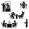 Stick figure office poses set. Business finance workplace support. Working, sitting, talking, meeting, training vector.