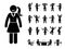 Stick figure office woman poses emotions face design vector icon set. Happy sad surprised amazed angry standing sitting lady