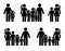 Stick figure parents and children icon set. Big happy family black pictogram.