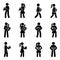 Stick figure people standing, walking with present box vector set. Man and woman holding gift package icon pictogram