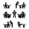 Stick figure poses set. Business finance chart person pc icon. Employee solution vector pictogram.