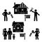 Stick figure rent, sell, buy, move black and white vector icon pictogram. Young family gets a new house silhouette