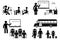 Stick figure school boy, girl sitting in class, lesson, writing, reading vector icon. Female, male teacher, standing at blackboard