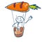 Stick figure sits in a hot air balloon in the shape of a carrot