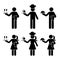 Stick figure waiter, waitress, chief cook man and woman vector icon pictogram set. Standing with champagne glasses, chicken food