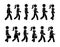 Stick figure walking man and woman vector icon pictogram. Group of people moving forward sequence set.