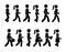 Stick figure walking man and woman vector icon set. Group of people moving forward sequence pictogram.