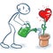 Stick figure waters a heart in a flowerpot