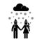 Stick figure winter snowing man and woman vector icon set. Young couple walking in cold weather pictogram.