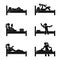 Stick figure woman lying in bed, reading book, drinking coffee, playing with kid, stretching, making bed vector pictogram set