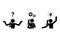 Stick figure woman problem solution reasoning vector illustration. Question, thinking, idea, insight, decision icon set