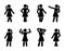 Stick figure women posing icon set. Standing young lady front view posture pictogram.