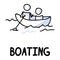 Stick figures icon of boating. Holiday pictogram with text