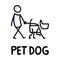 Stick figures icon of pet dog and owner. Puppy pictogram with text