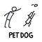 Stick figures icon of pet dog and owner. Puppy pictogram with text