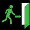 Stick man runs to the exit, icons warn of an emergency exit